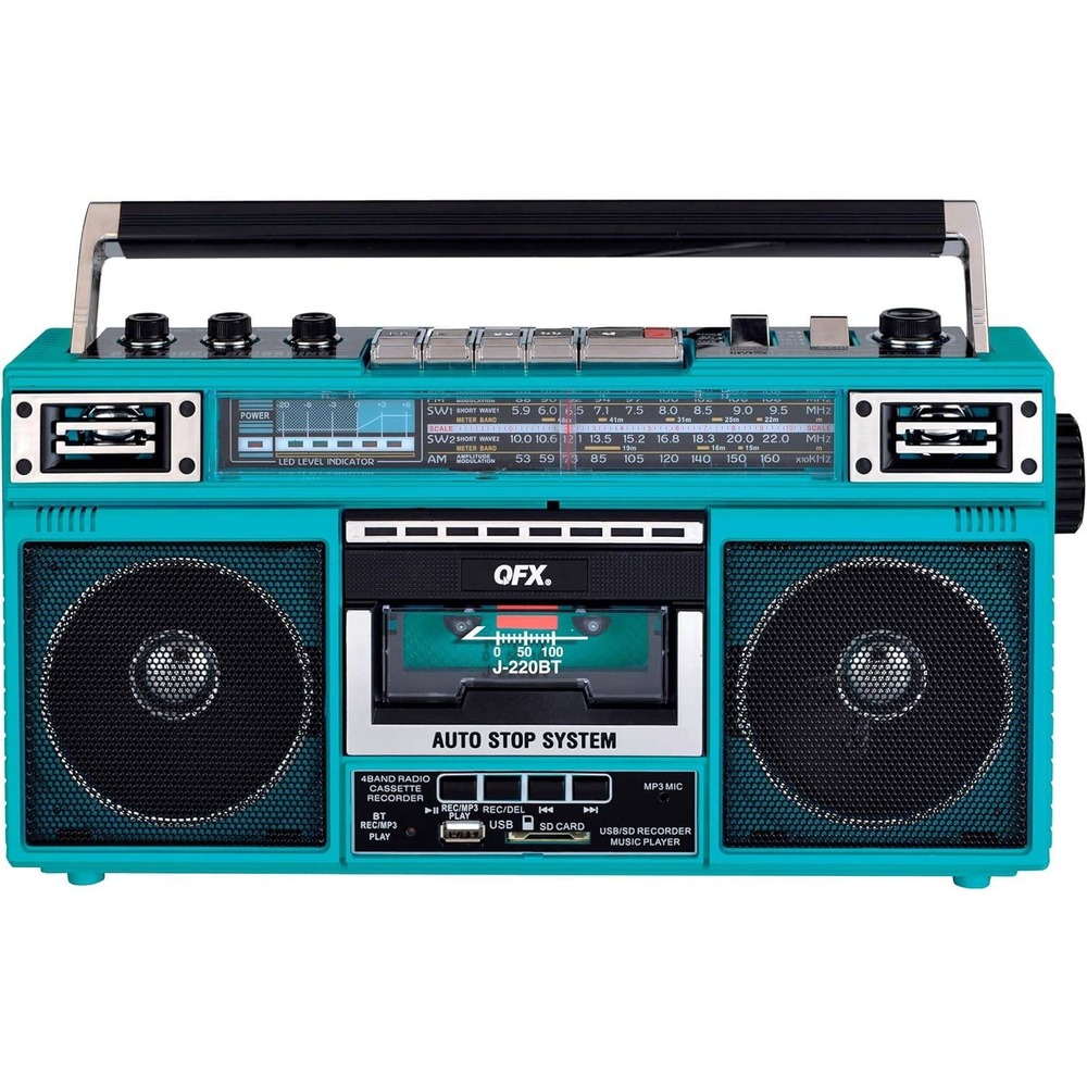 QFX RECHARGEABLE CASSETTE AM/FM/SW1-2 RADIO BLUETOOTH BOOMBOX WITH USB RECORDING